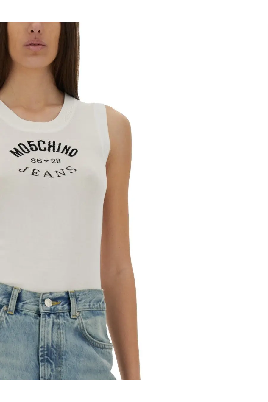 White moschino jeans women’s knit sleeveless top with black moschino 86-23 jeans lettering across the chest