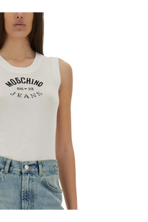 White moschino jeans women’s knit sleeveless top with black moschino 86-23 jeans lettering across the chest