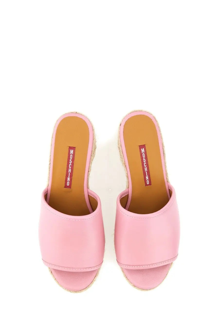 Pink leather slide-on espadrille sandals with woven jute heel and insole branding by Moschino Jeans women