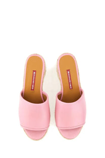 Pink leather slide-on espadrille sandals with woven jute heel and insole branding by Moschino Jeans women