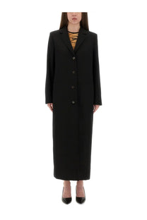 Moschino Jeans women’s black long tailored overcoat with structured collar and front button closure