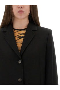 Moschino jeans women’s long black tailored coat featuring a structured blazer design with notched lapels and decorative buttons