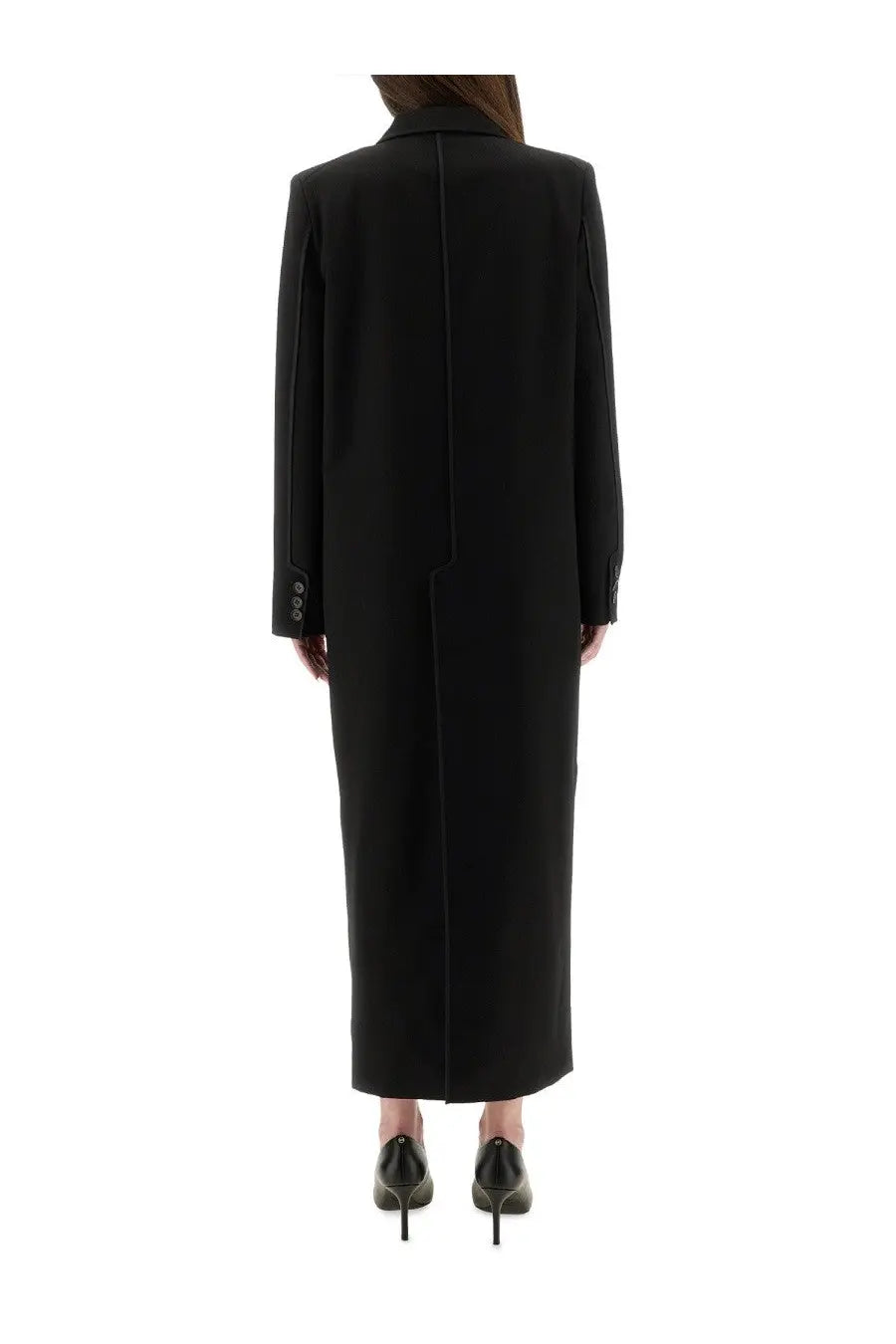 Moschino jeans women’s long tailored coat in black wool with structured silhouette and three-button cuffs