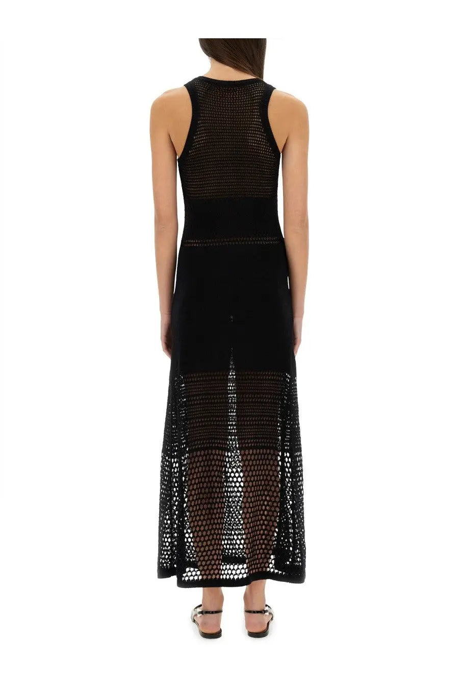 Black knitted maxi dress by Moschino Jeans featuring a mesh panel design for stylish womenswear
