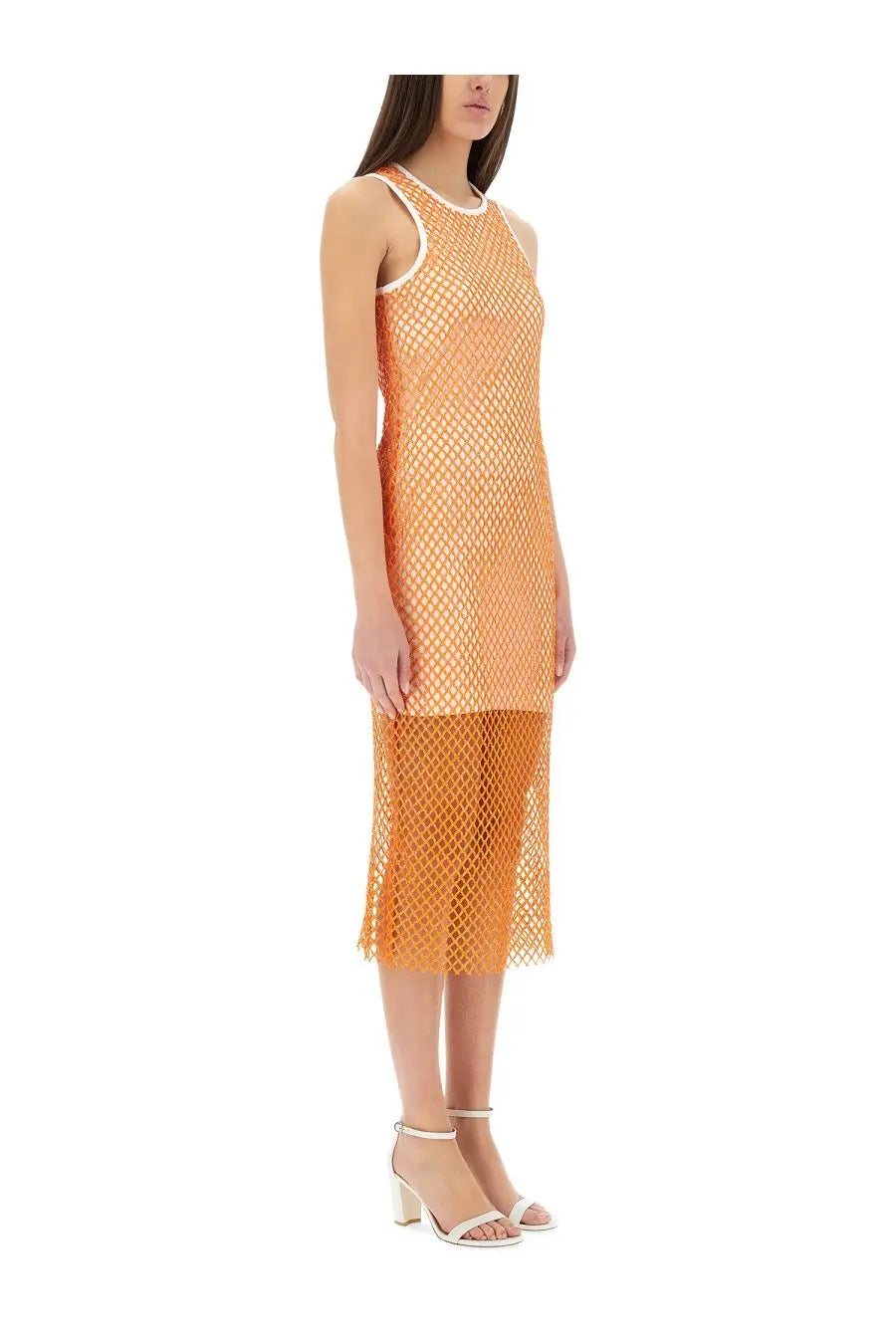 Moschino jeans womens orange sleeveless knee-length mesh dress with white trim neckline and matching high-heeled sandals