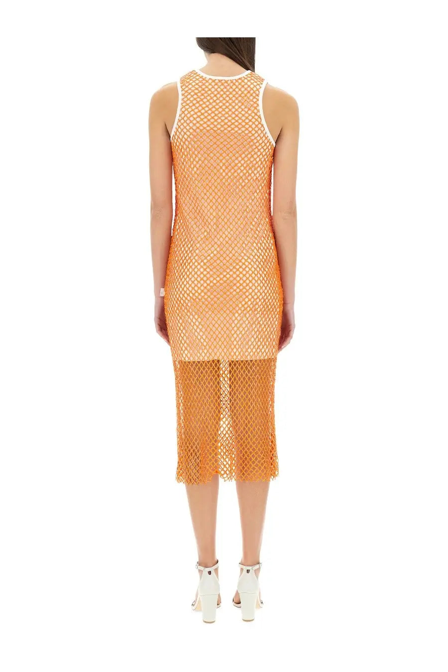 Moschino Jeans women’s sleeveless orange mesh dress with white trim along neckline and hem featuring sequins