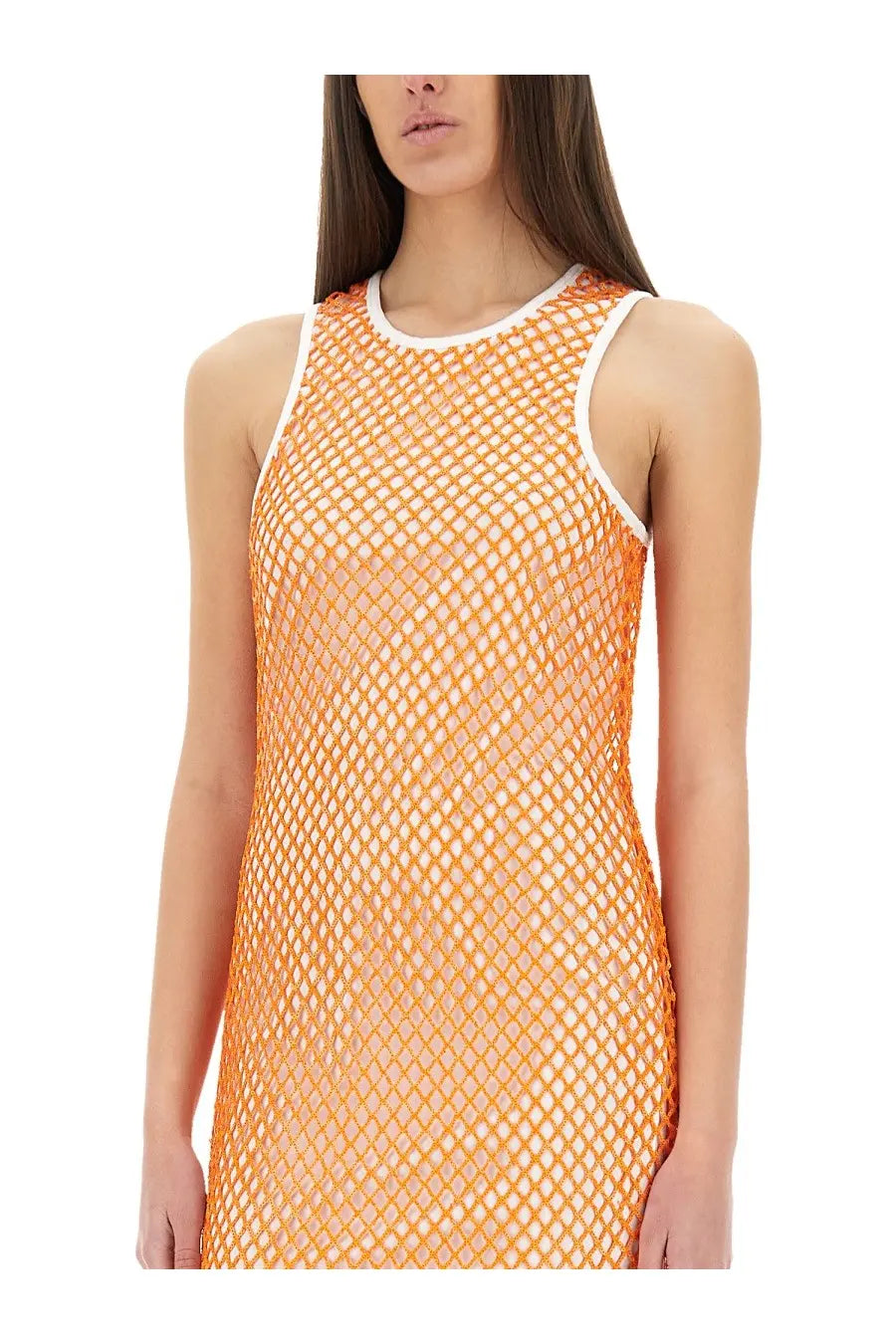Moschino Jeans women’s orange mesh sleeveless dress with white trim around neckline and armholes