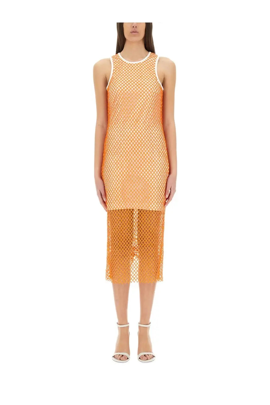 Moschino Jeans women’s sleeveless orange mesh dress with white trim neckline and hem featuring sequin details