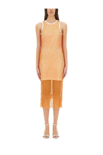 Moschino Jeans women’s sleeveless orange mesh dress with white trim neckline and hem featuring sequin details
