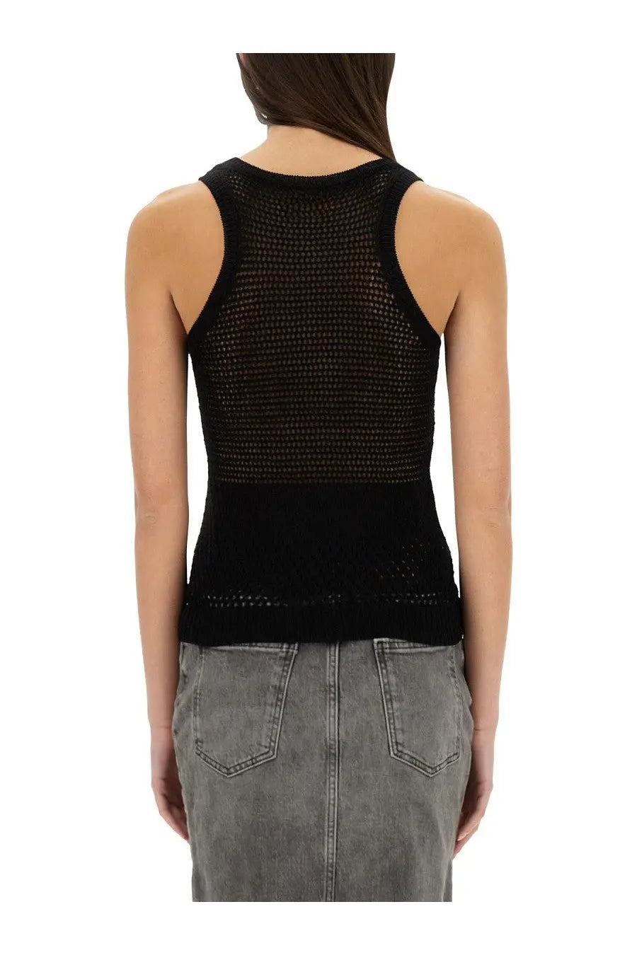 Black knitted sleeveless top with mesh back and ribbed hem by Moschino Jeans showing the back side of the top