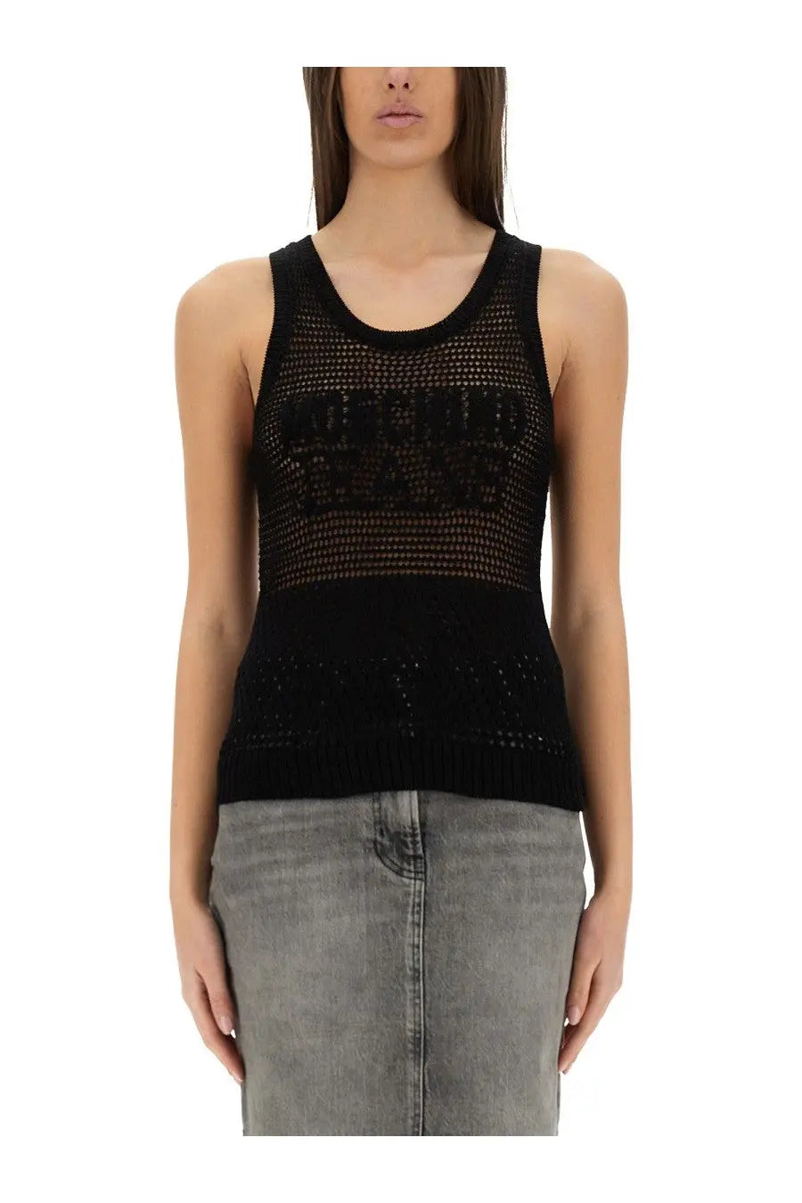 Moschino Jeans women’s black knitted tank top with mesh pattern and ribbed trim for stylish summer wear