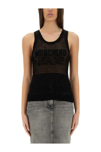 Moschino Jeans women’s black knitted tank top with mesh pattern and ribbed trim for stylish summer wear