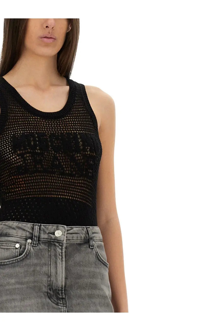 Moschino jeans women’s black mesh tank top with round neckline and intricate knit pattern in breathable fabric