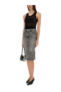 Moschino Jeans women’s black sleeveless mesh top with bold embroidered logo across the chest