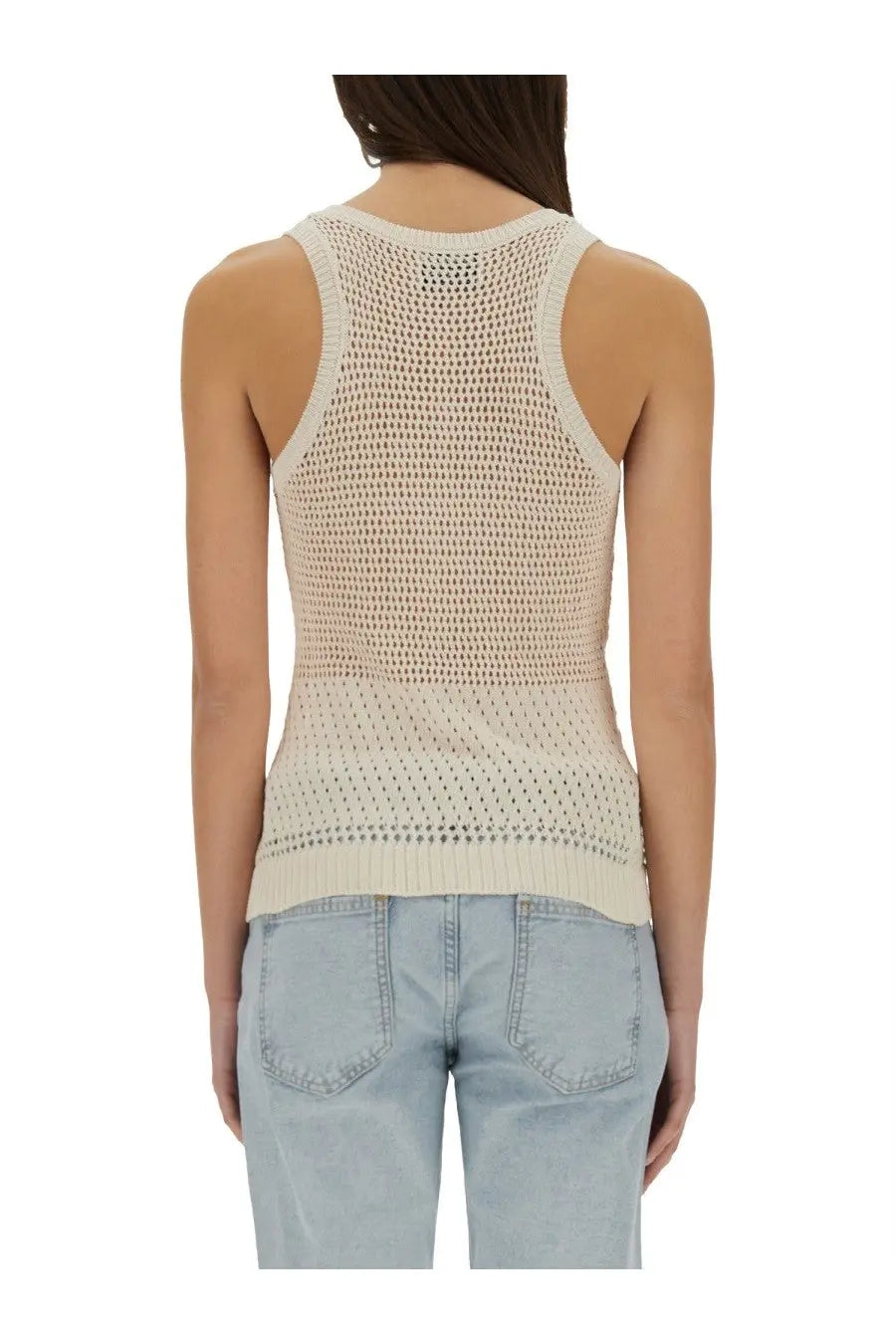 Beige knitted mesh tank top with round neckline and ribbed hem from Moschino Jeans women’s mesh top white collection