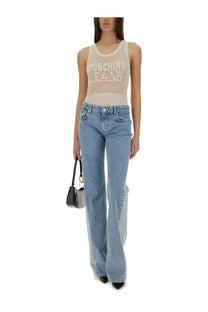 Moschino jeans women’s beige knitted tank top with textured openwork pattern and scoop neckline