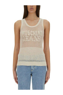 Moschino Jeans women’s cream-colored knitted tank top with textured openwork pattern and ribbed hem in white