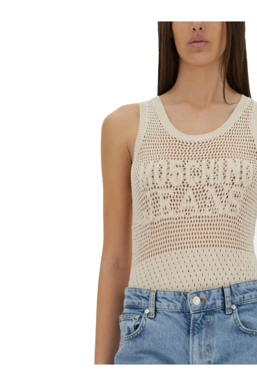 Moschino jeans women’s cream-colored knitted mesh tank top with round neckline and intricate openwork pattern