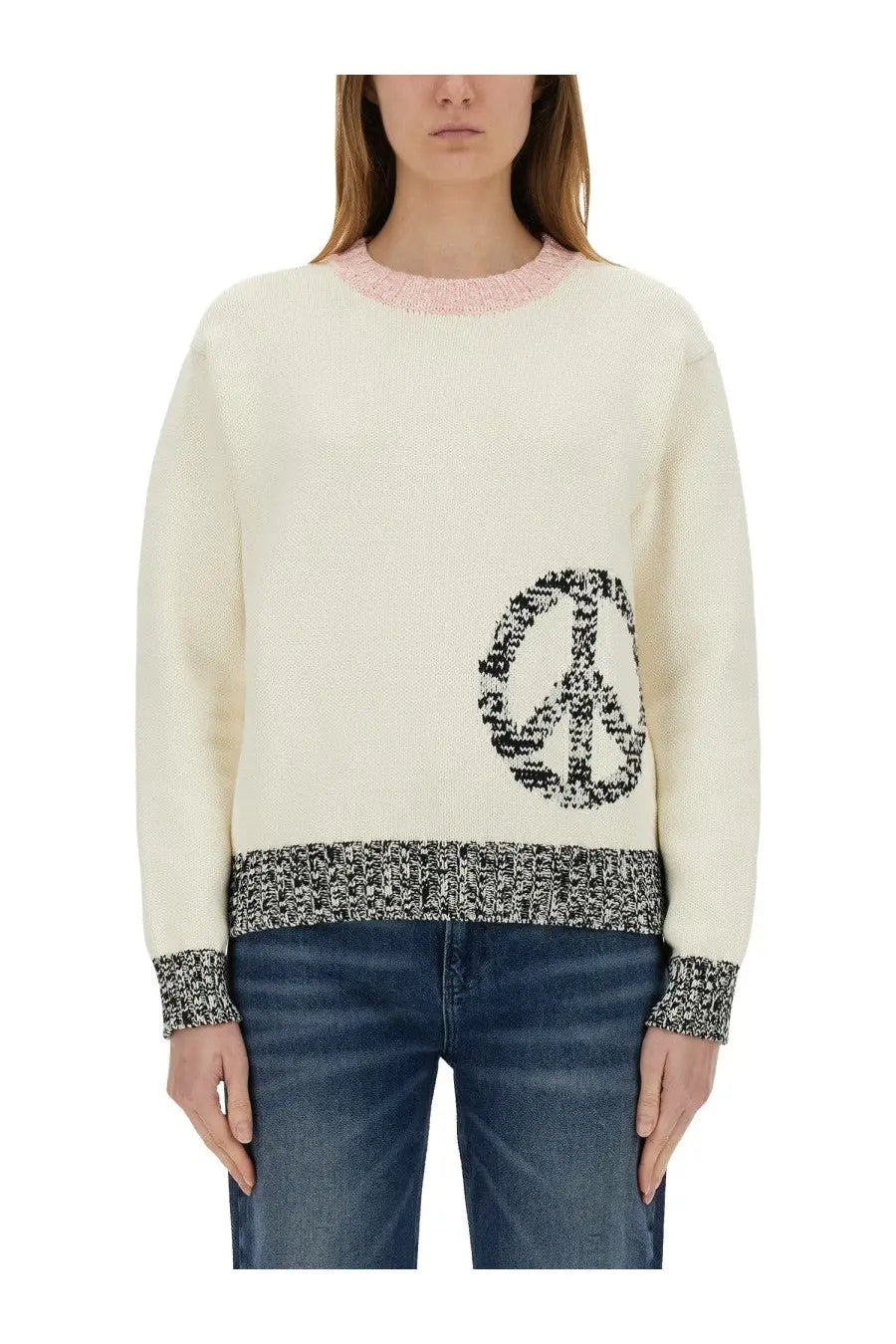 Moschino Jeans women’s cream knit sweater with black peace sign, pink ribbed neckline, and gray white cuffs and hem