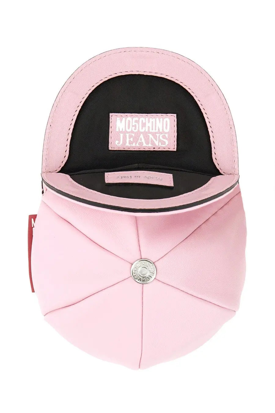 Moschino jeans women’s mini bag pink cap-shaped purse with silver button closure and black interior lining