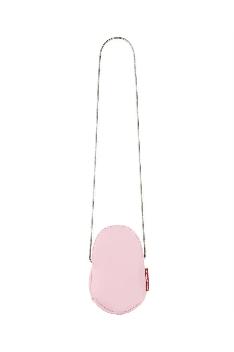 A soft pink oval-shaped crossbody bag with a sleek metallic chain strap for stylish everyday use
