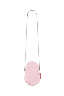 A soft pink oval-shaped crossbody bag with a sleek metallic chain strap for stylish everyday use