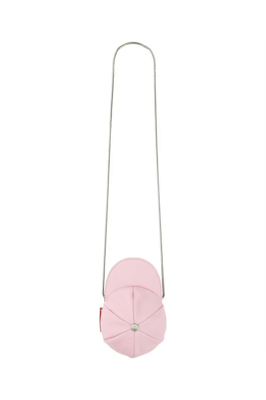 Moschino jeans women’s mini bag soft pink structured cap-shaped crossbody with silver chain strap and metallic button closure