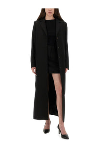 Black moschino jeans women’s tailored long coat with front slit and button closure perfect for stylish wear
