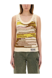 Moschino Jeans women’s cream knit tank top with yellow and brown sequin stripes in textured multicolor design