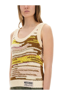 Moschino Jeans women’s multicolor knit top in cream and mustard yellow striped textured sleeveless design