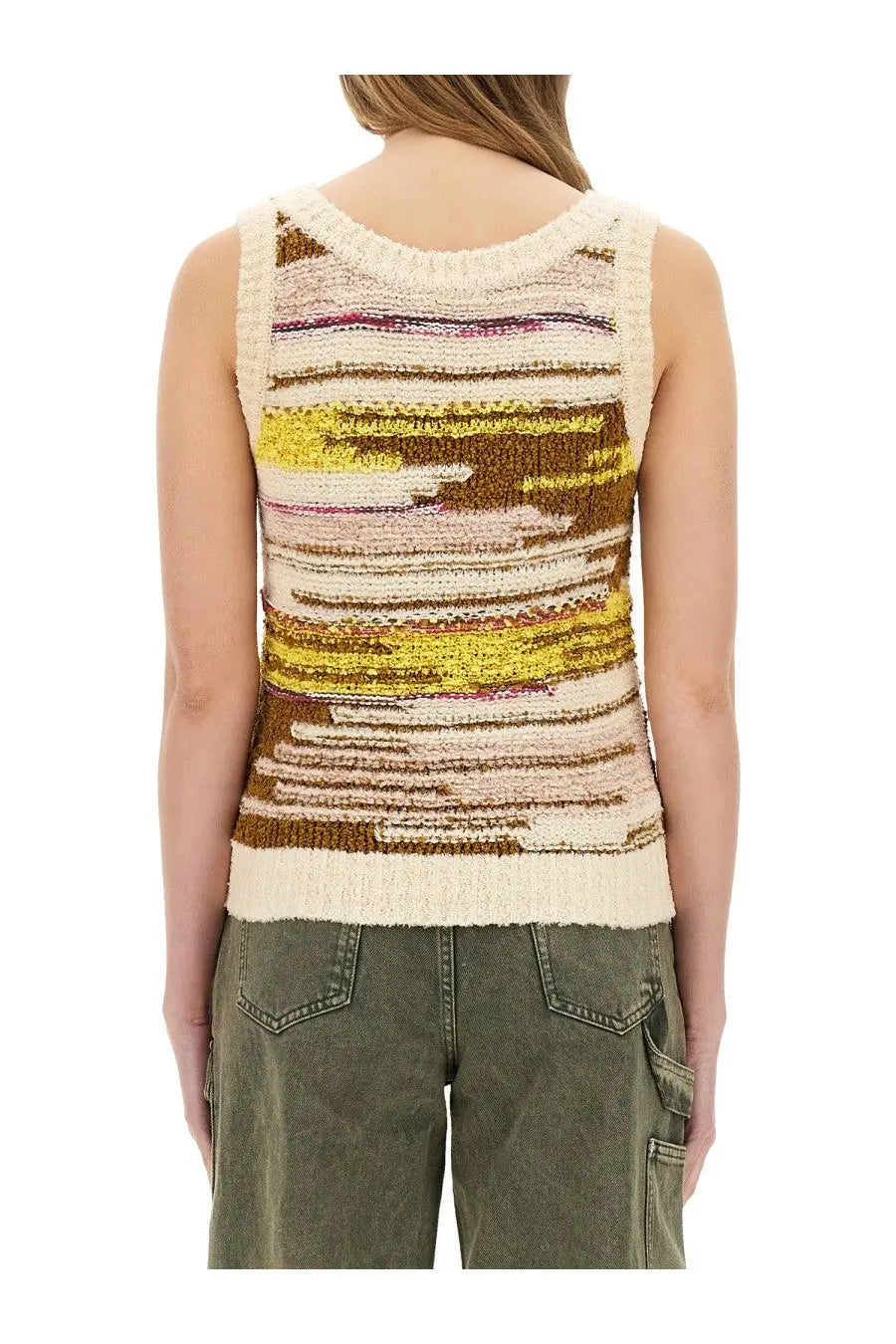 Moschino Jeans women’s multicolor sleeveless knit top with cream mustard and muted pink stripes and textured finish