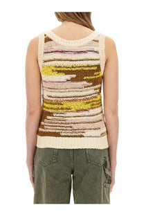 Moschino Jeans women’s multicolor sleeveless knit top with cream mustard and muted pink stripes and textured finish