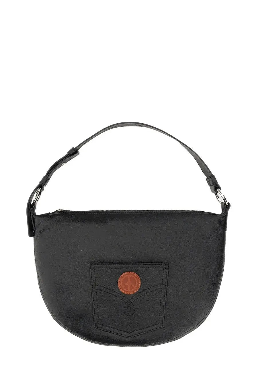 Moschino Jeans women black nylon shoulder bag with front pocket and orange peace sign patch