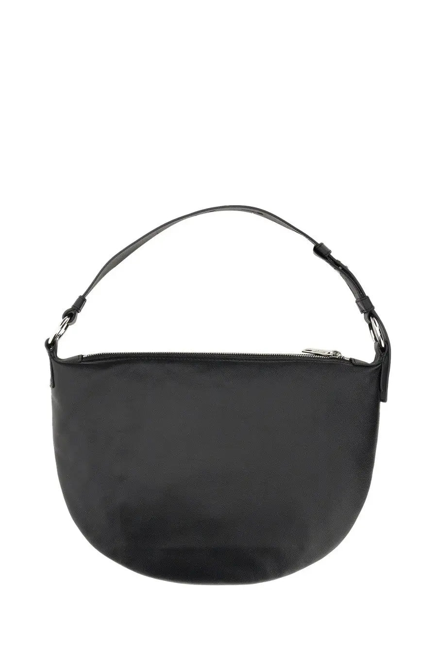 Moschino Jeans women’s black leather shoulder bag with sleek curved design and silver-toned zipper hardware