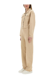 Beige utility-style jacket with collar and front pockets shown with moschino jeans women’s urban beige pants