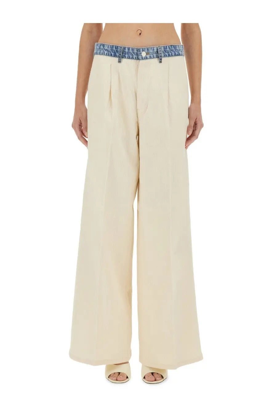 Moschino jeans women’s cream-colored wide-leg trousers with denim belt detail at the waist in urban white