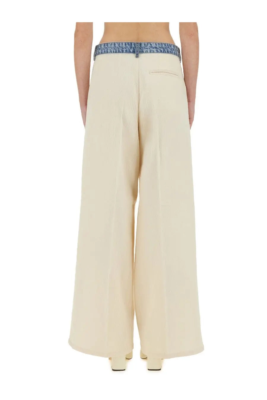 Cream-colored wide-leg trousers with denim waistband from moschino jeans women’s urban white pants collection