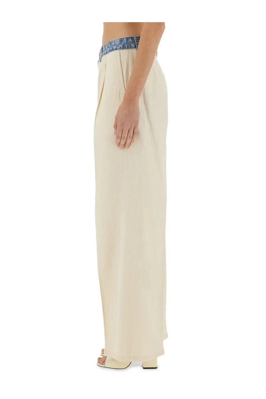 Cream-colored Moschino Jeans women’s wide-leg pants with blue patterned waistband in urban white style