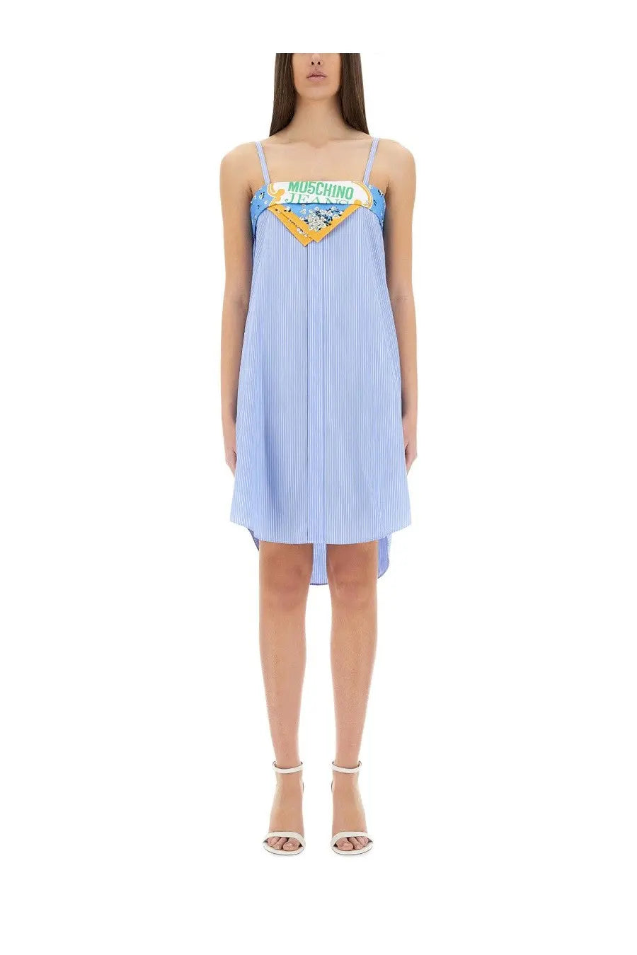Moschino jeans women’s light blue striped pleated cotton dress with colorful embroidered logo bib