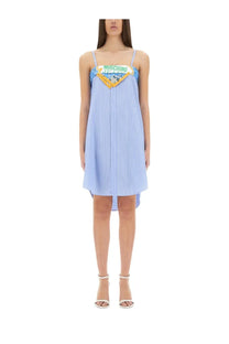 Moschino jeans women’s light blue striped pleated cotton dress with colorful embroidered logo bib