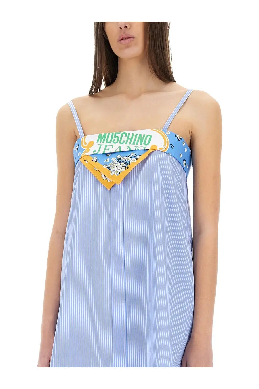 Moschino Jeans women’s patchwork cotton dress in light blue and white stripes with colorful bandana patch logo
