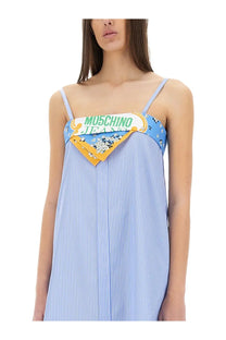 Moschino Jeans women’s patchwork cotton dress in light blue and white stripes with colorful bandana patch logo