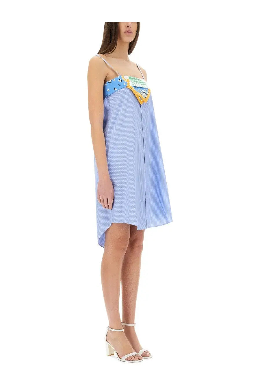 Moschino Jeans women’s patchwork cotton dress in light blue and white stripes with a patterned fabric accent at the bust