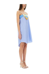 Moschino Jeans women’s patchwork cotton dress in light blue and white stripes with a patterned fabric accent at the bust