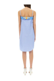 Back view of moschino jeans women’s patchwork cotton dress in light blue and white stripes with embellished upper back band