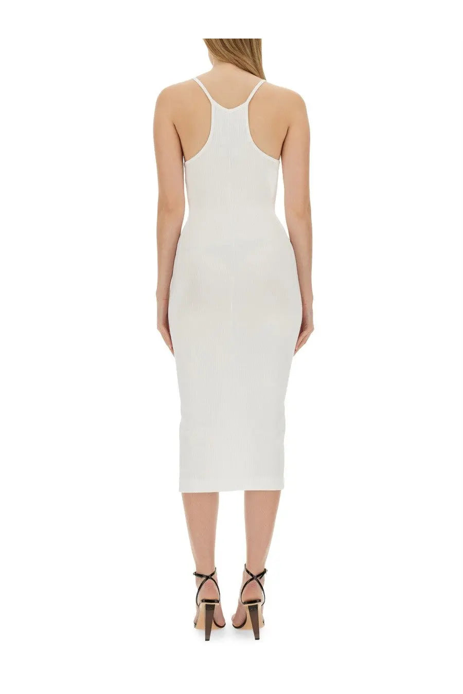 Moschino Jeans women’s white ribbed knit midi dress with thin spaghetti straps and a form-fitting silhouette