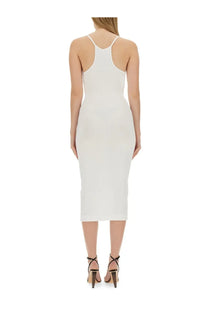 Moschino Jeans women’s white ribbed knit midi dress with thin spaghetti straps and a form-fitting silhouette