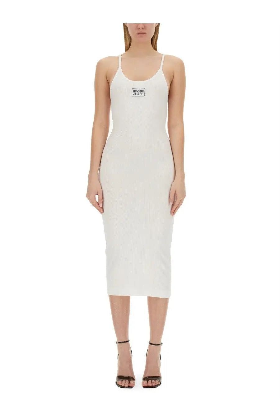 White sleeveless ribbed midi dress with black rectangular logo patch on chest from Moschino Jeans women’s collection