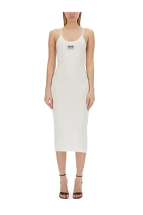 White sleeveless ribbed midi dress with black rectangular logo patch on chest from Moschino Jeans women’s collection
