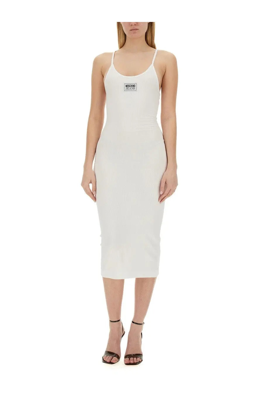 Moschino jeans women’s white ribbed midi dress with spaghetti straps fitted silhouette and black logo patch at bust